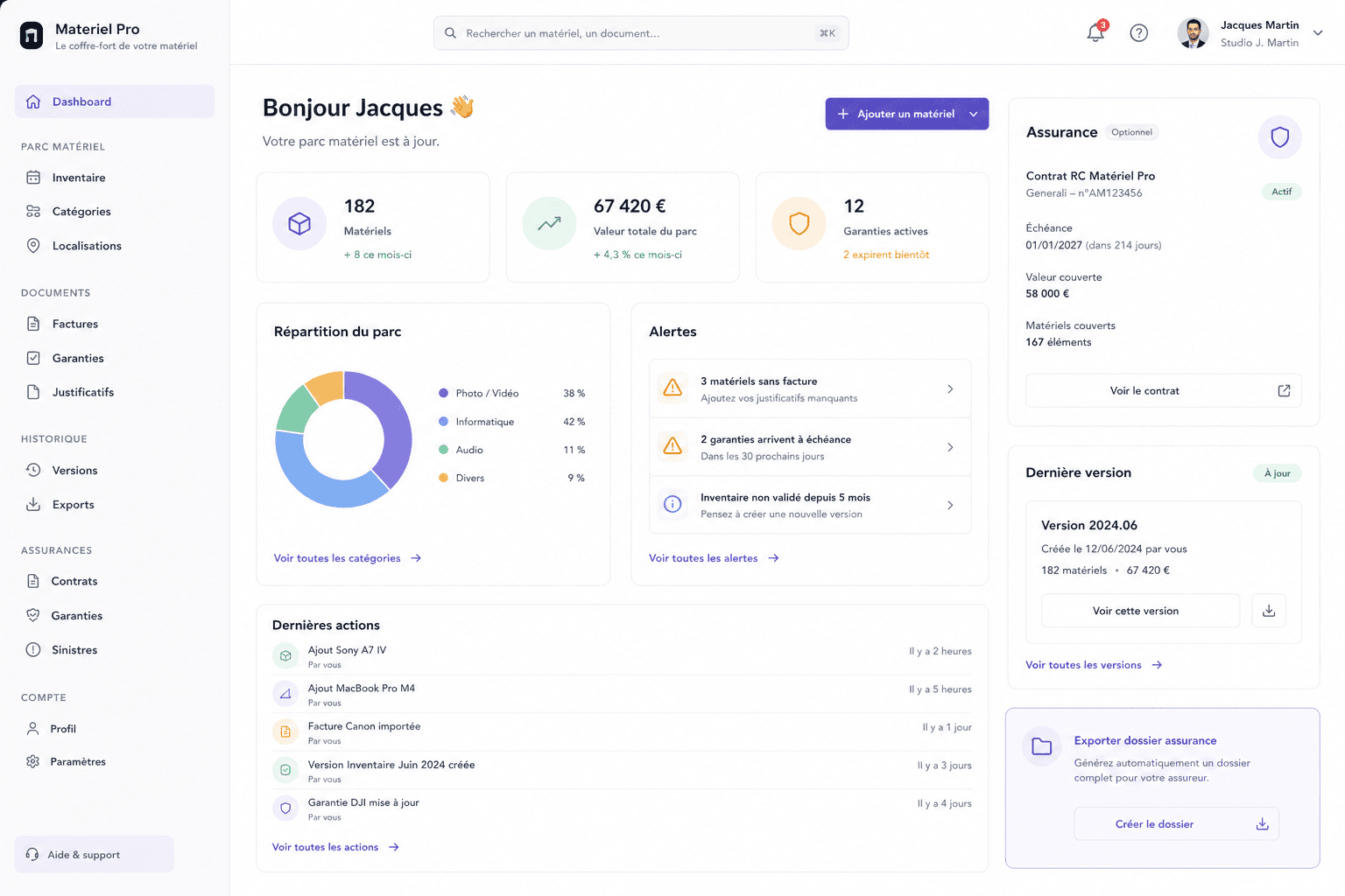 Tableau de bord Stokory avec inventaire, alertes et assurance
